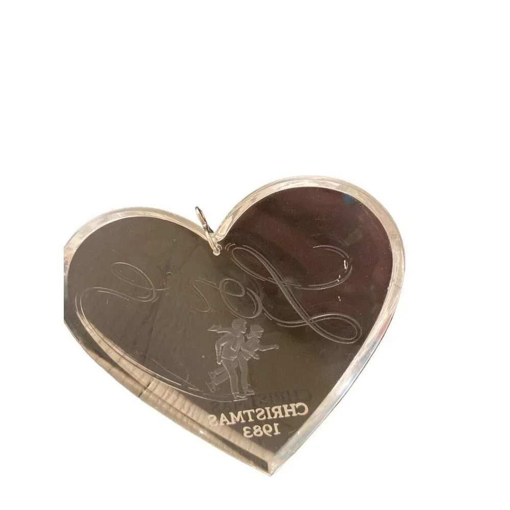 Clear Acrylic Christmas 1983 Ornament Love Ice Skaters Heart Shape 3 3/4